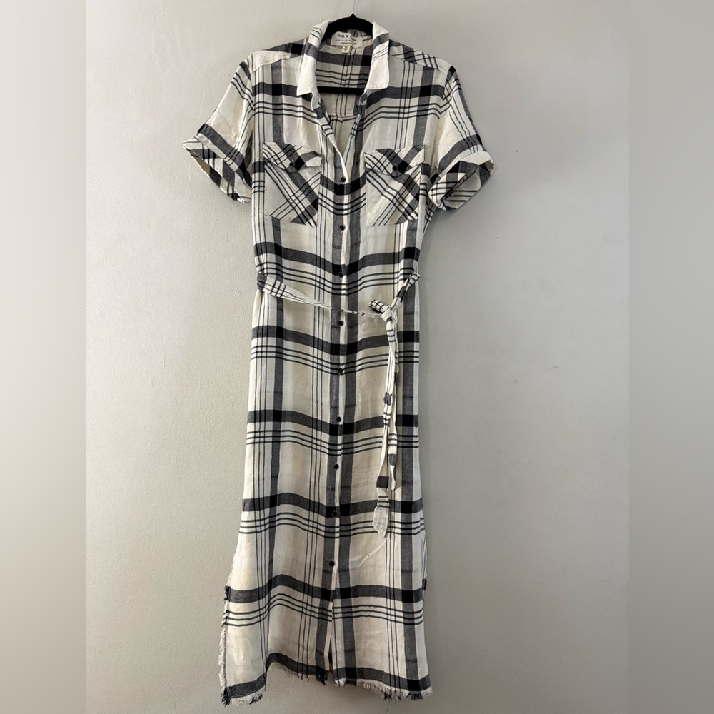 Cloth & Stone Anthropologie Plaid Button Front Linen Blend Shirt Dress - Size L - Picture 2 of 11